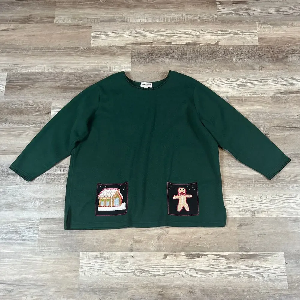 Vintage Bedford Fair Green Fleece Tunic Sweater with Gingerbread Appliqués